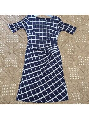 Connected Apparel Check A-Line Dress Size 6 Navy Bluee Boat Neck 3/4 Sleeve Midi